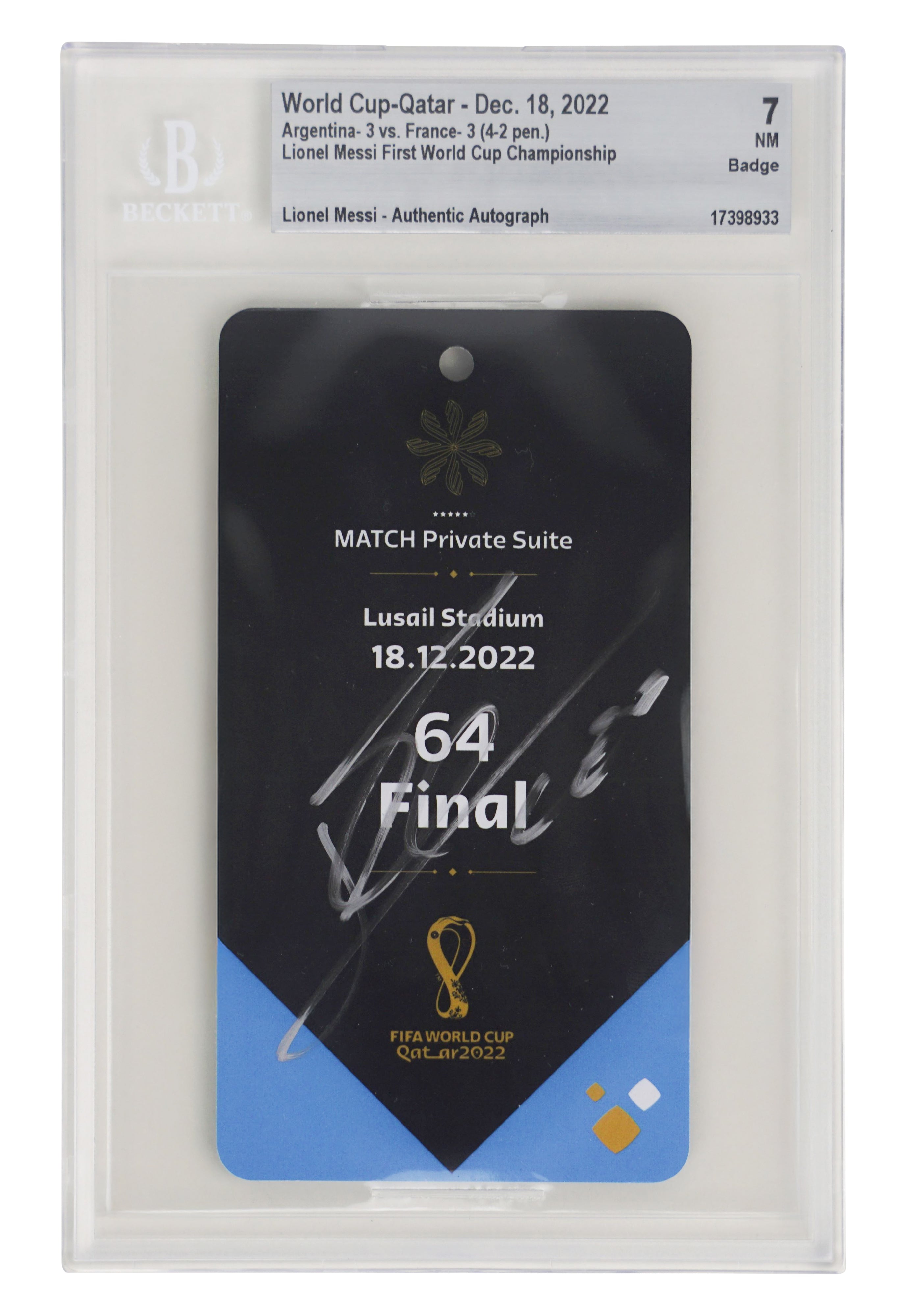 Lionel Messi Signed 2022 World Cup Final Championship Match Suite Ticket – BGS 7